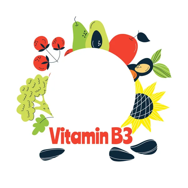 ビタミンB3の主な食料源キャベツ ナッツ トマト 手描きでベクトルイラスト 薬や医療のポスター チラシ バナーに最適です — ストックベクタ