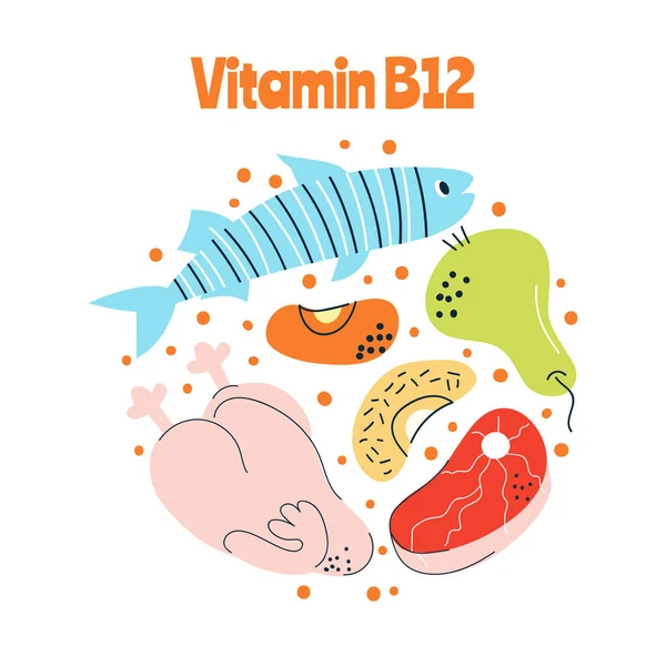 Vitamina B12 Principales Fuentes Alimentos Huevos Leche Pescado Ilustración Vectorial — Vector de stock