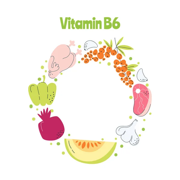 ビタミンB6主な食料源キャベツ ナッツ ミルク 手描きでベクトルイラスト 薬や医療のポスター チラシ バナーに最適です — ストックベクタ