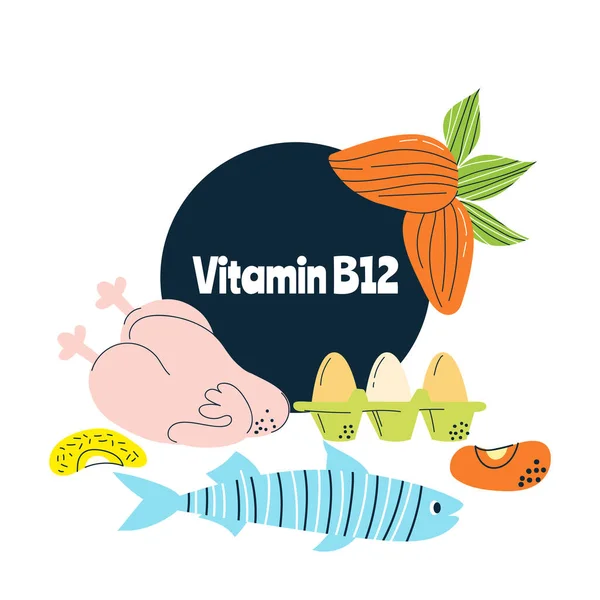 Vitamina B12 Principales Fuentes Alimentos Huevos Leche Pescado Ilustración Vectorial — Vector de stock