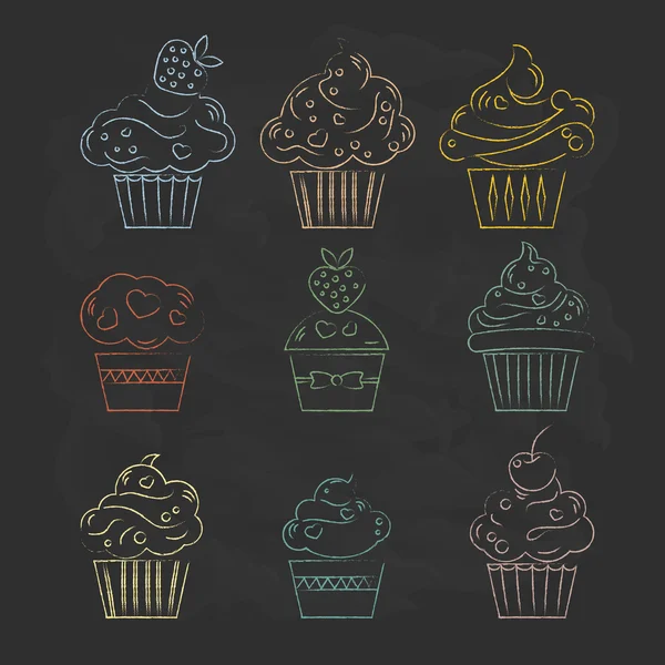 Cupcakes linéaires icônes sur un fond noir dessin stylisé de — Image vectorielle
