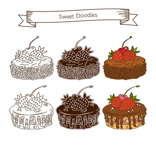 Ensemble de gâteau au chocolat aux cerises et fraises — Image vectorielle