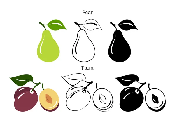 Seth päron och plommon på vit bakgrund — Stock vektor