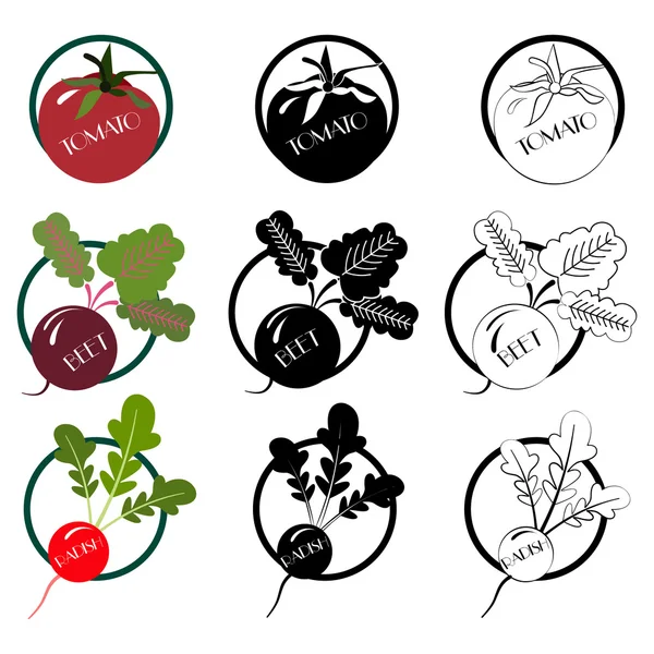 Ensemble de vecteurs de logo betteraves, radis, tomates — Image vectorielle