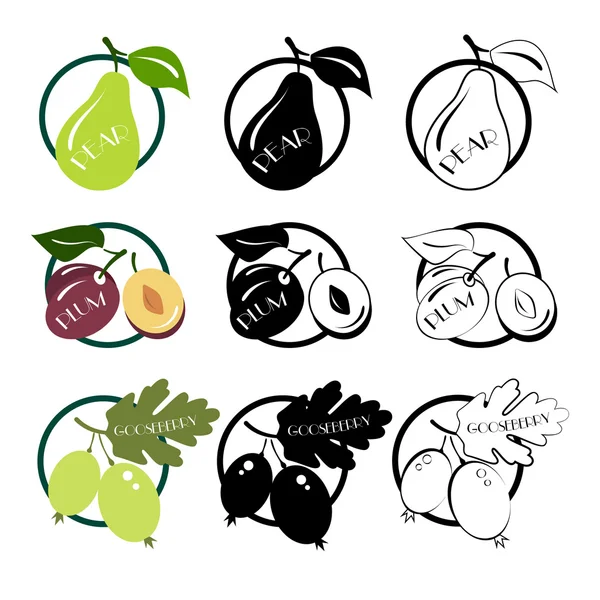 Logo ensemble vecteur groseille à maquereau, poire, prune — Image vectorielle