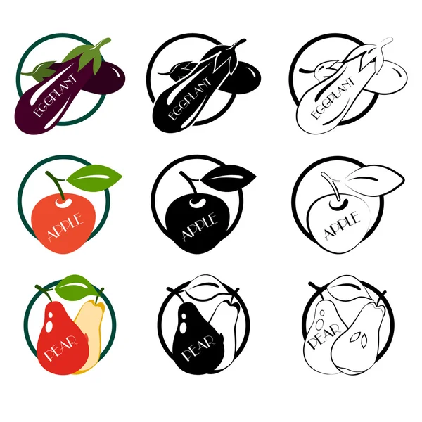 Set vegetabiliska logotyper design element paketet aubergine, apple, ärter — Stock vektor