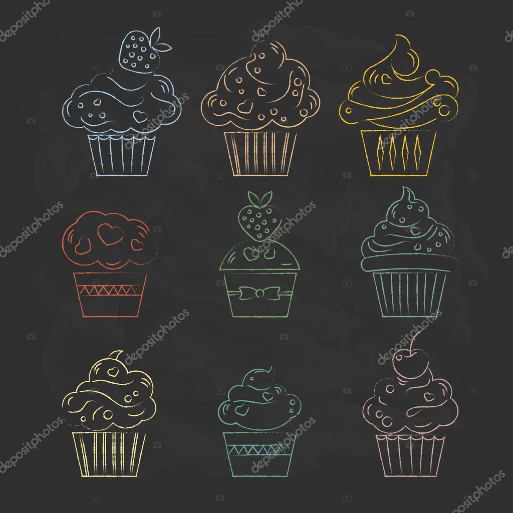 Linear cupcakes icons on a black background stylized drawing of colored chalk