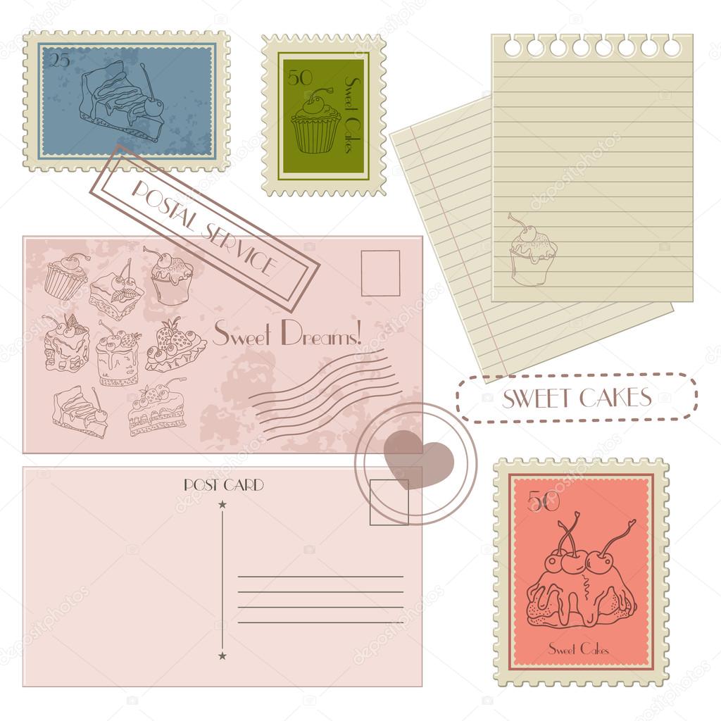 Set of postal elements for design postcard, postage stamps, blan