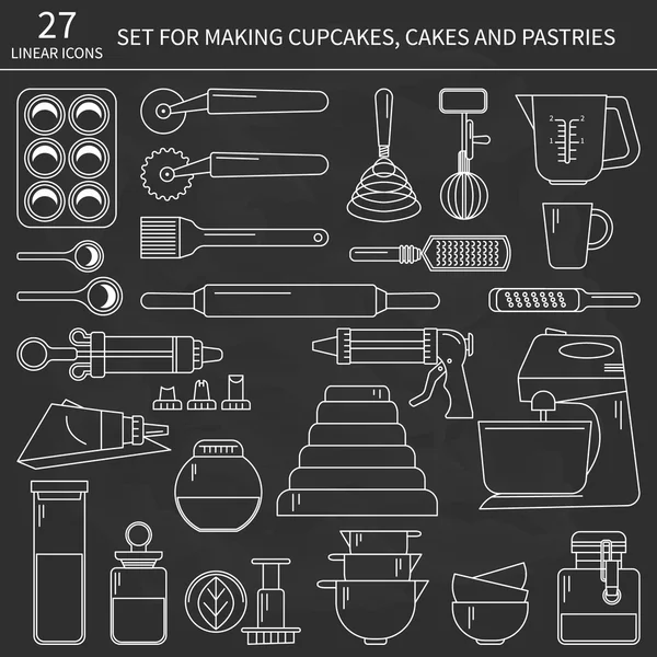 Baking kitchen set of linear icons — Stock Vector
