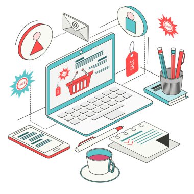 Online alışveriş izometrik kavramı