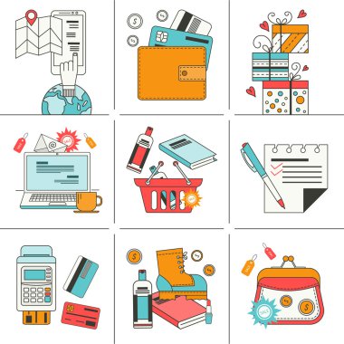 Online alışveriş için düz simgeler satır kümesi