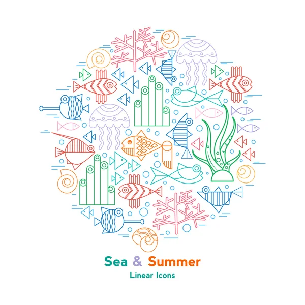 Linear icons marine life in the circle — Stock Vector