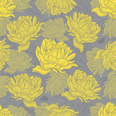 Sarı şakayıklar kusursuz vektör deseni. Nihai Gri ve Aydınlatıcı - 2021 yılının renkleri. Pantone 17-5104 ve 13-0647.