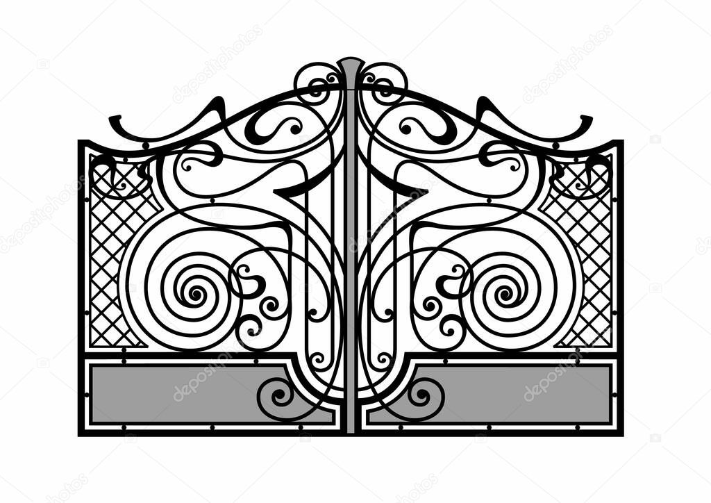 Black forged lattice gate vector image. Iron work concept.