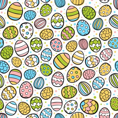 Paskalya yumurtaları kusursuz vektör desenli. Beyaz arkaplanda şirin renkli yumurtalar..