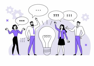 İş fikri ve takım çalışması vektör çizimi. Büyük ampul ve konuşan insanlar..