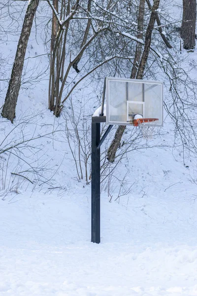 Recreation Concept Basketball Board Covered Snow Standing Courts Winter Time — Stock Photo, Image