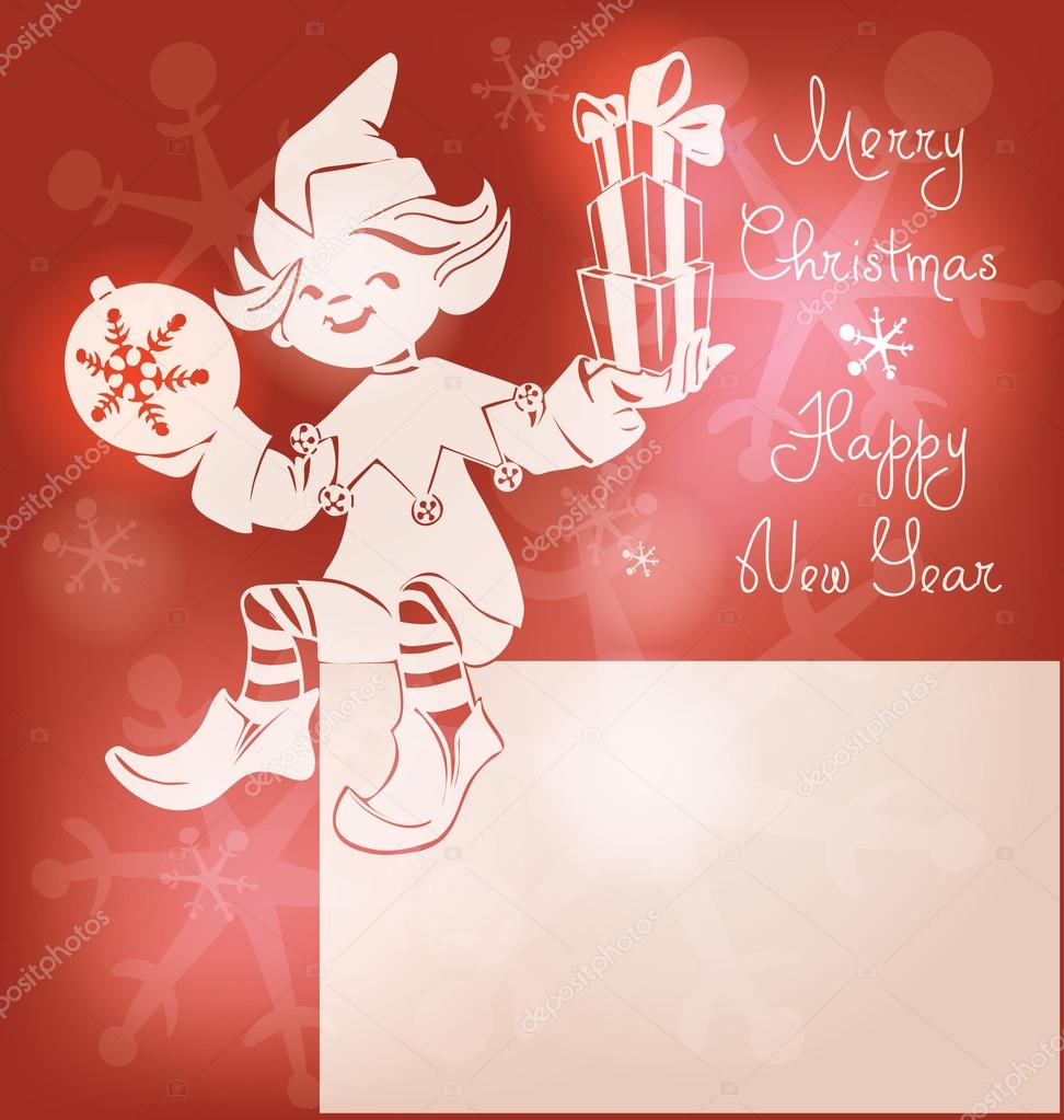 Santa elf on Christmas card, bunner, lettering
