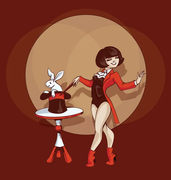 Pin-up cartoon cute illusionist with white rabbit — Stock Vector