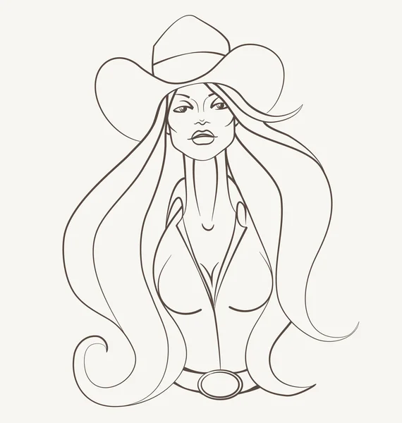 Ganska ung cowgirl kvinna med flödande hår — Stock vektor
