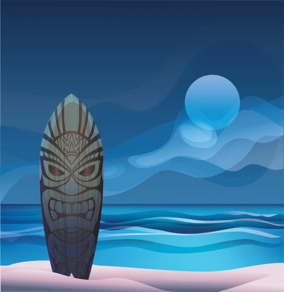 Tiki warrior mask wood surfboard ocean beach night — Stock Vector