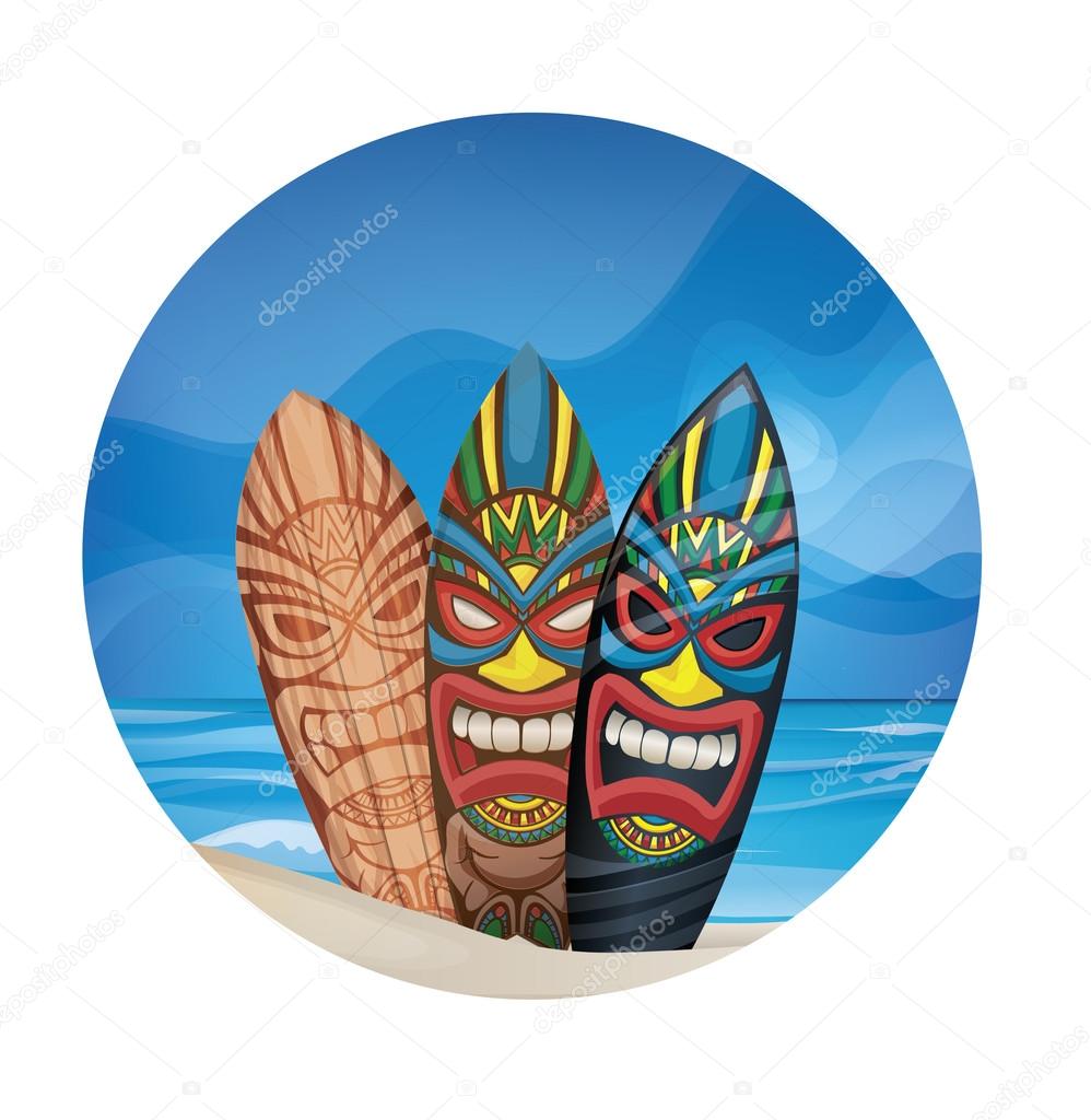 Tiki warrior mask design surfboard on ocean beach