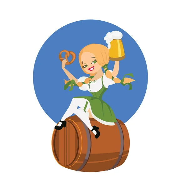 Пивная девушка в грязи на бочке с крендельками — стоковый вектор