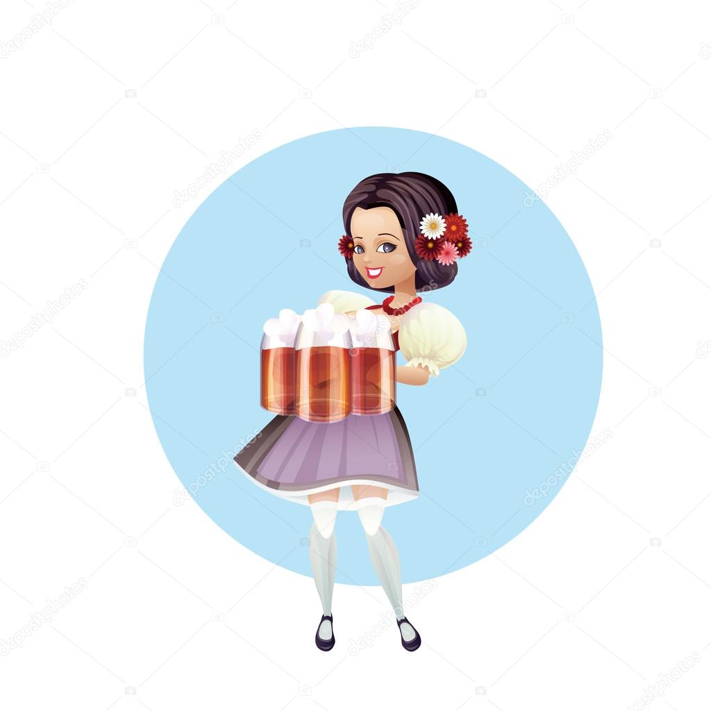 Attractive woman in dirndl with beers