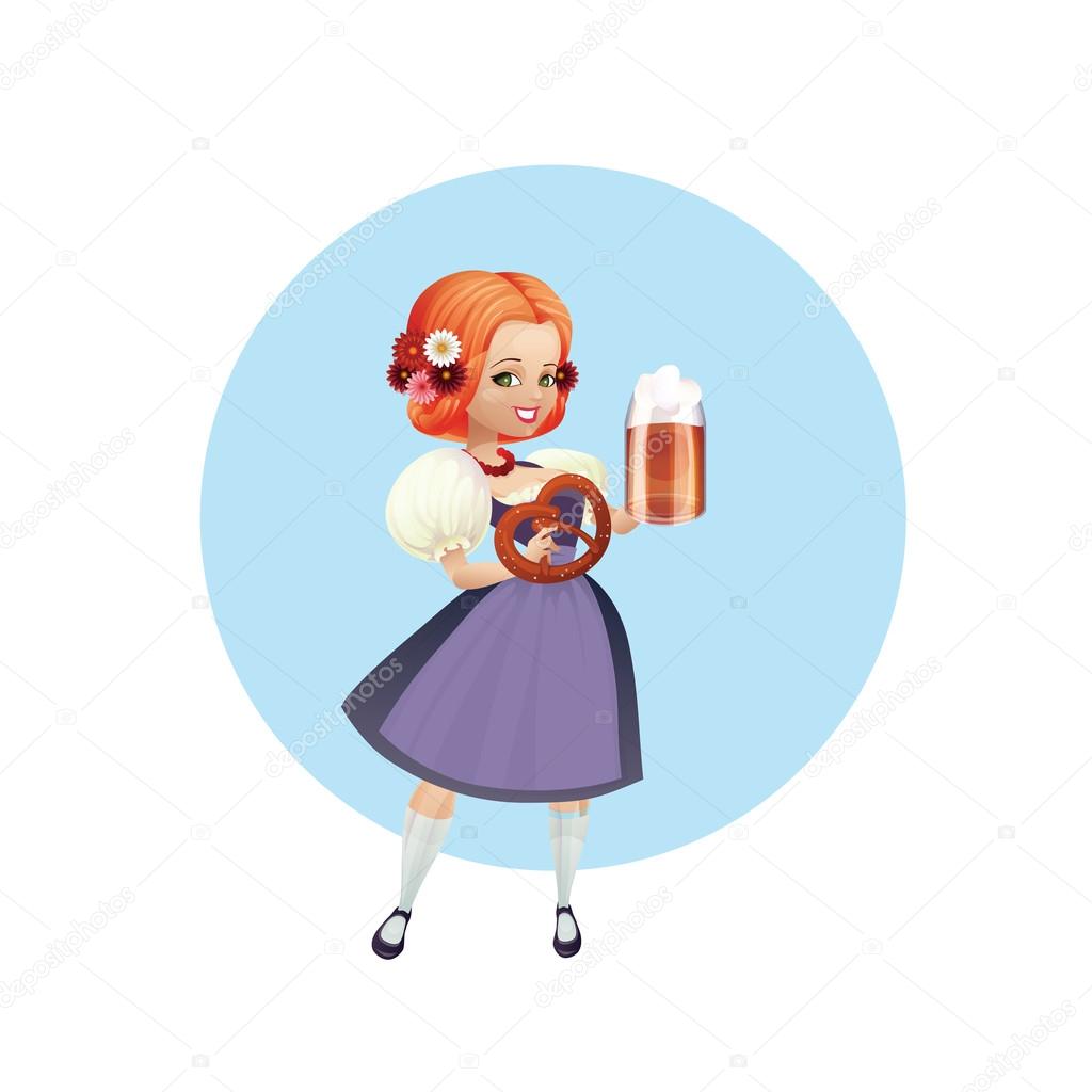 Attractive woman in dirndl with beer and pretzel