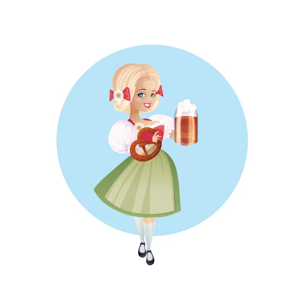 Mujer atractiva en dirndl con cervezas — Vector de stock