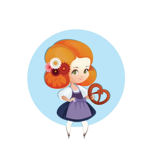 Carino ragazza con pretzel in dirndl — Vettoriale Stock