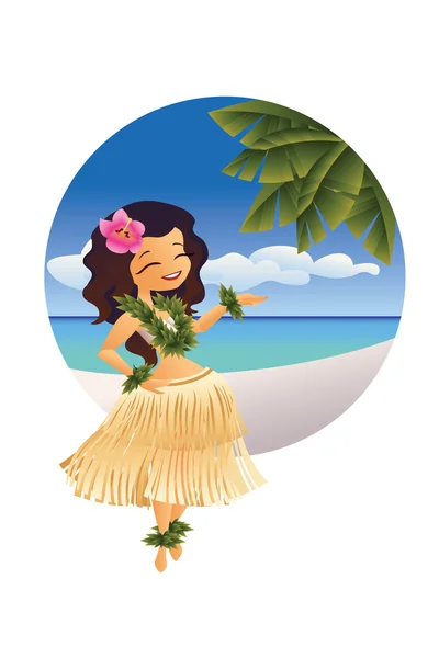 Havaiano jovem dançarino hula na praia do oceano — Vetor de Stock