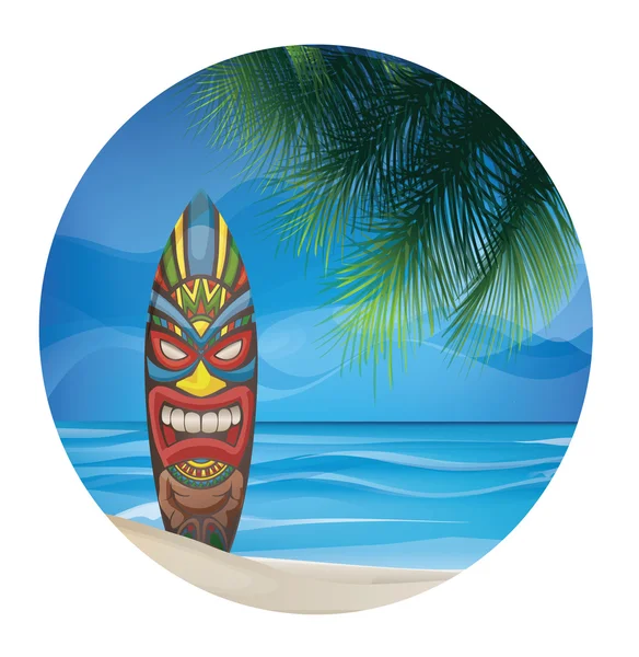 Máscara guerrera Tiki diseño tabla de surf en la playa del océano — Vector de stock
