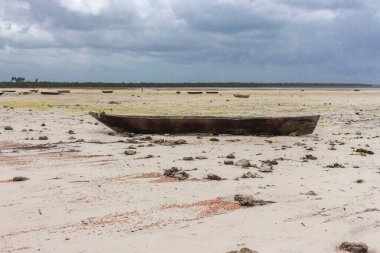 Dalgalar çekildiğinde ahşap kayıklar. Eski deniz gemisiyle Zanzibar plajı. Bulutlu gökyüzü olan Afrika deniz manzarası. Hint Okyanusu 'nun boş kıyıları, Tanzanya. Sahilde tekneler. Yaz tatili kavramı. 