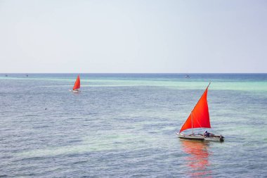 Denizde kırmızı yelkenli. Reggata konsepti. Deniz yarışı. Tropikal deniz manzarasında kırmızı yelkenli. Yaz tatili. Aktif spor geçmişi. Adanın yakınında bir deniz gemisi. Egzotik eğlence. Hava deniz manzarası. Hint Okyanusu. 