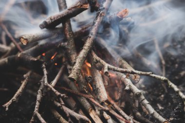 Şöminede yanan odun. Tahta çubuklar ve ateş topları. Ateş ve duman. Piknik konsepti. Çevre tehlikesi. Şenlik ateşi yakın. Ormanda Tatil. 