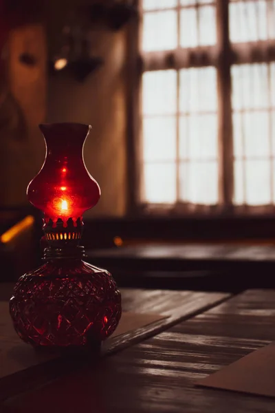Small Oil Lamp Table Old Oil Lantern Window Background Red — Stock Fotó
