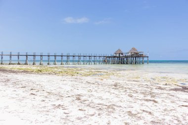 Güneşli bir günde plaj kulübesi olan ahşap iskele. Hint Okyanusu 'nun alçak gelgiti. Idyllic egzotik tatil köyü. İskele, bungalovlara bakıyor. Tropik cennet. Göl kenarında balayı. Sahne sakin deniz manzarası. Adadaki sahil kulübesi. Yaz seyahati.