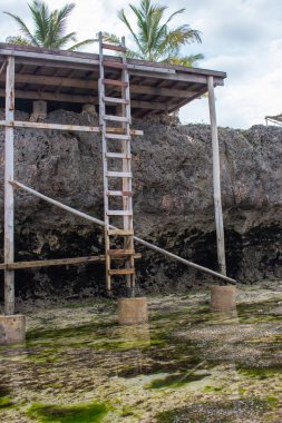 Akıntıda kayaların yanındaki eski tahta merdiven. Merdiveni gökyüzüne çıkan basamaklarla daraltın. Tırmanma konsepti. Tropik tatil köyündeki merdiven. Hem de çok. Egzotik seyahat. Açık hava mimarisi kavramı. 