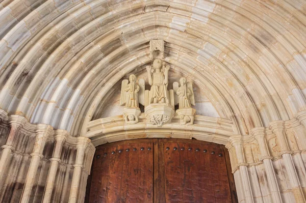 Portal Bejárata Középkori Templom Camino Santiago Spanyolország Szent Szobrok Katolikus — Stock Fotó