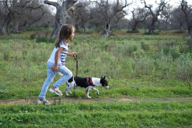 Güzel Terrier, arkadaşıyla çayırda, 5 yaşında bir kız.