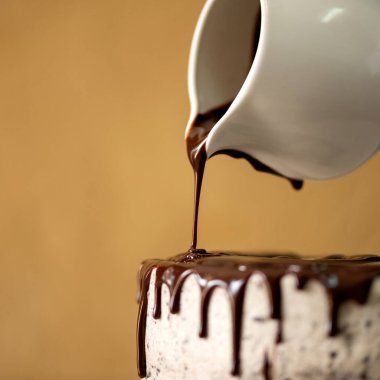 Doğum günü pastası pişirme. Sıcak eritilmiş çikolata beyaz pastanın üstüne sürahide dökülür. Hardal rengi arkaplanı. Bayram etkinliği için şeker. Şekerleme reklamları için boş pankart