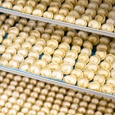 Sıralar dolusu ham hamur ürünü, ravioli ya da tepside hamur tatlısı ya da dondurucu raflarında. Uygun Gıda. Geçmişi ya da dokusu. Yemek pişirme süreci. Yumuşak odaklanma. Kare biçimi