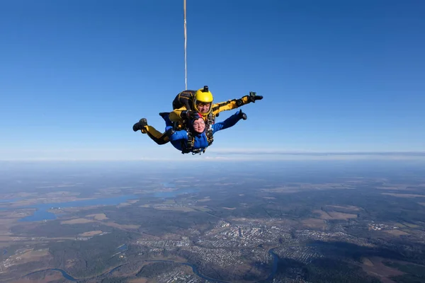 Paracaidismo Salto Tándem Una Chica Instructor Divierten Cielo — Foto de Stock