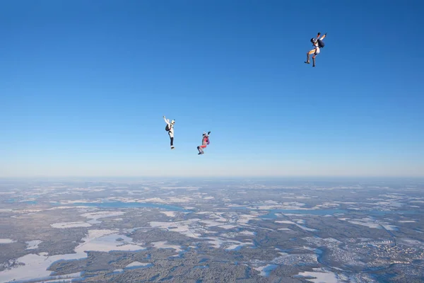 Skydiving Salto Equipa Três Pára Quedistas Estão Céu — Fotografia de Stock