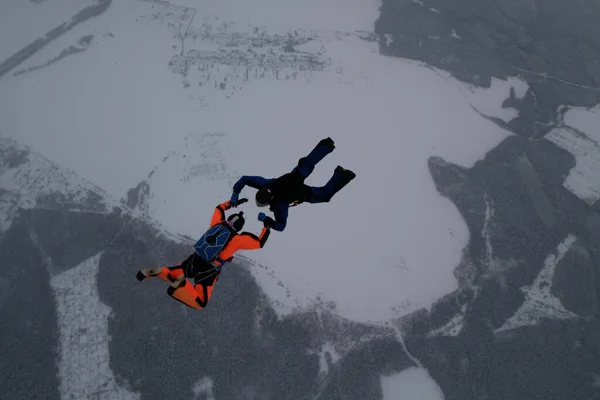 Skydiving Salto Equipa Dois Pára Quedistas Estão Treinar Céu — Fotografia de Stock