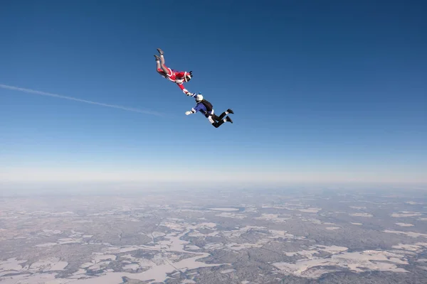 スカイダイビング 楽しいジャンプ 2人のスカイダイバーが空を楽しんでいます — ストック写真