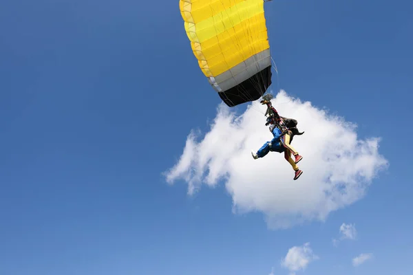 Skydiving. Tandem jump. A pretty girl, her instructor and a big yellow parachute.