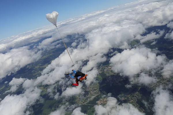 Paracaidismo Salto Tándem Una Mujer Española Instructor — Foto de Stock