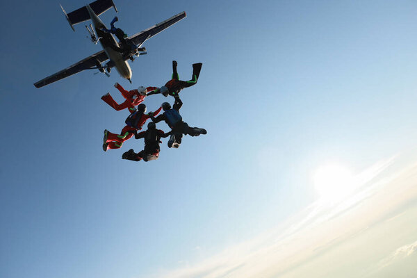 Прыжки с парашютом. Группа парашютистов в небе
.